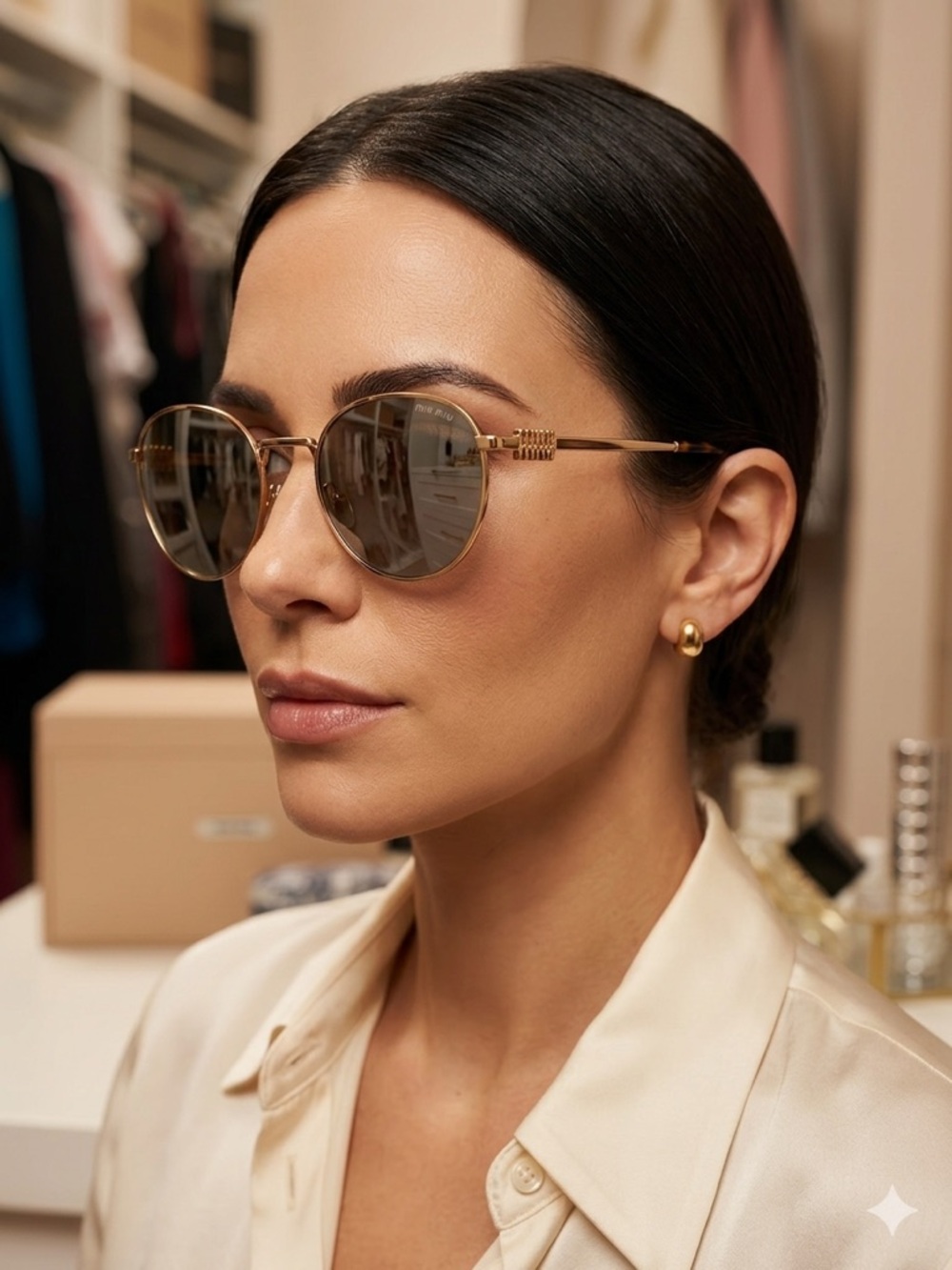 Miu Miu Gold Rim Round Sunglasses - full inclusion with shopping bag